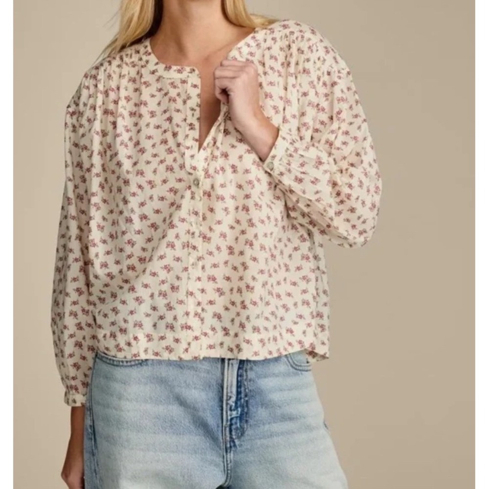 NWOT Lucky Brand Cream Floral Print Button Up Long Sleeve Blouse XS